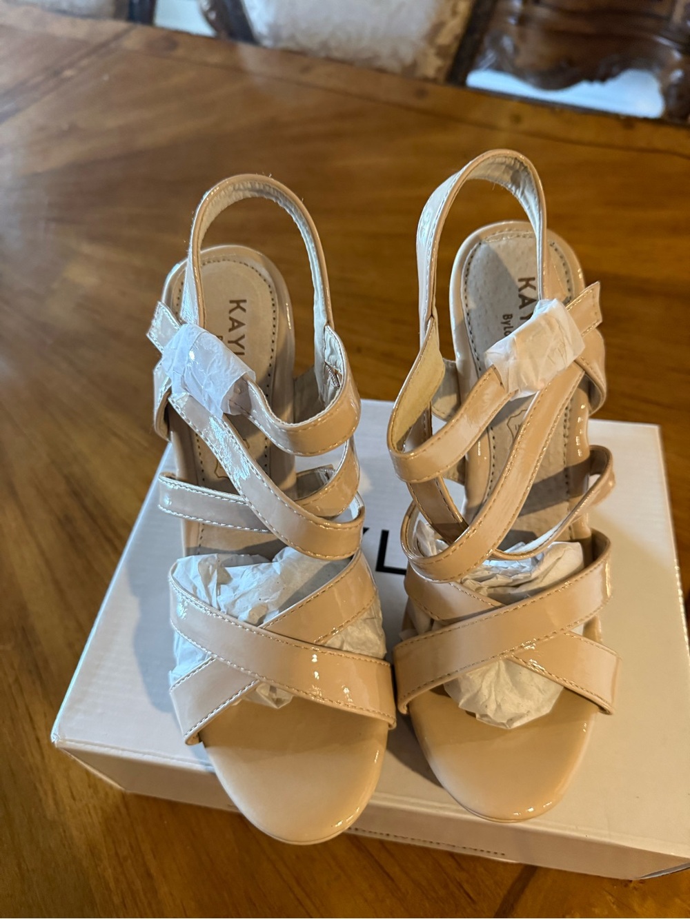 Kayleen by Los Angeles Nude Patent Leather Strappy Slingback Sandals